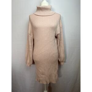 Cozycore Pink Ribbed Turtleneck Sweater Dress YIBOCK Womens L Knit Long Sleeve